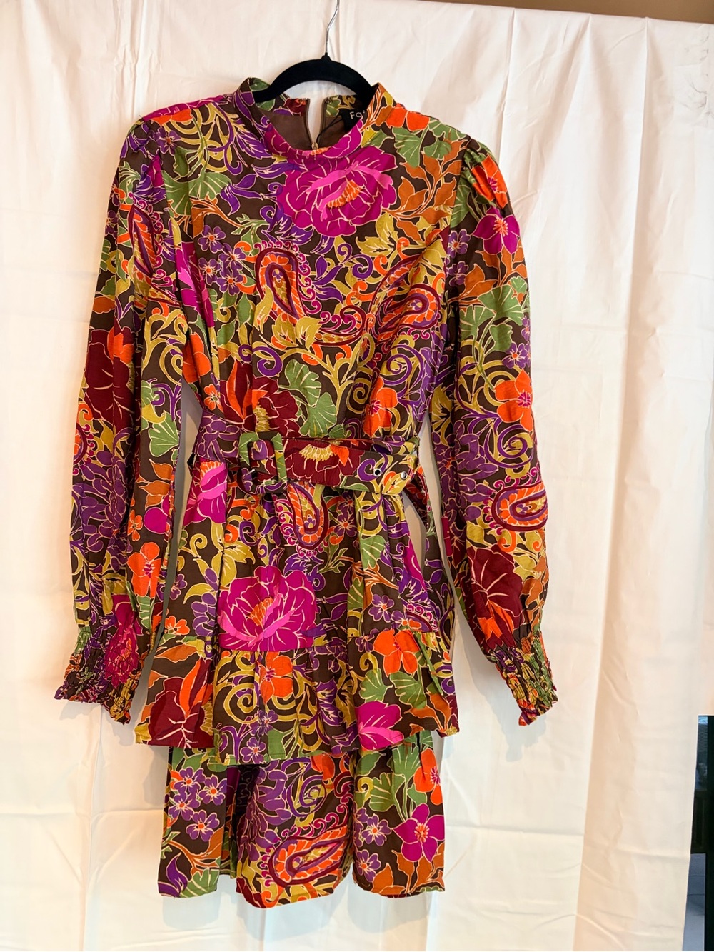 Fate Vibrant Purple Orange Green Paisley Long Sleeve ruffled Dress